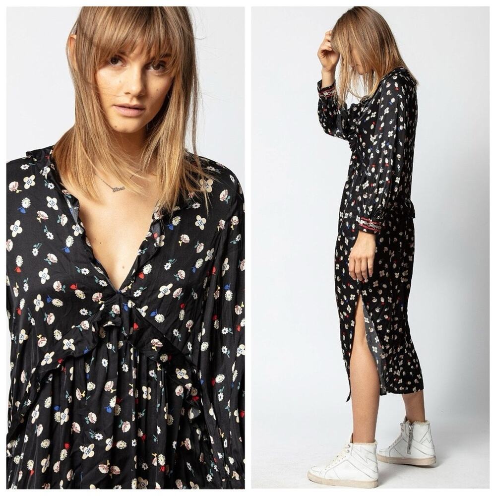 Zadig & Voltaire Reacty Floral Vintage Long Sleeve Slit Ruffle Midi Dress Black